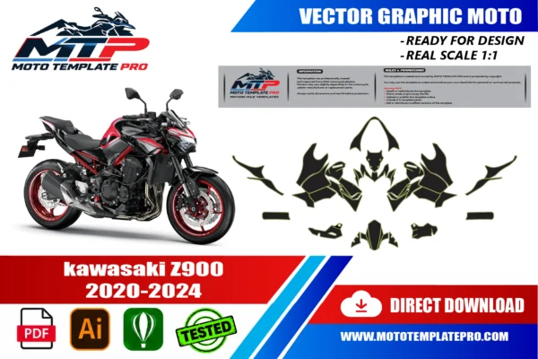 Template vectoriel Kawasaki Z900 2020-2024 - plan de carrosserie à l’échelle réelle 1:1 pour kits déco et covering